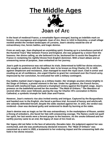 Joan of Arc “Article & Questions” Assignment (The Middle Ages)