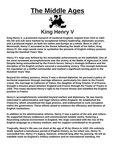 King Henry V “Article & Questions” Assignment (The Middle Ages)