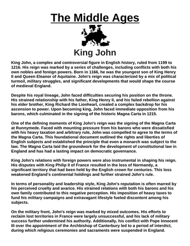 King John “Article & Questions” Assignment (The Middle Ages)