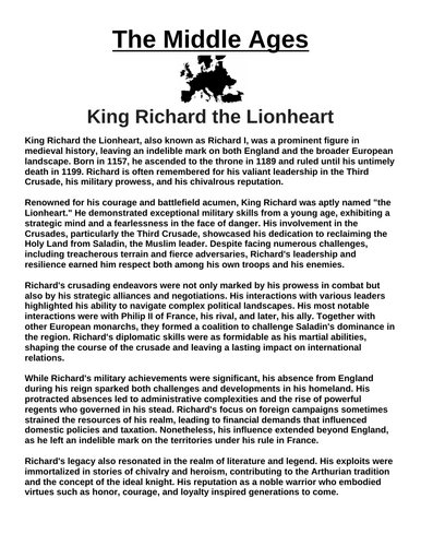 King Richard the Lionheart “Article & Questions” Assignment (The Middle Ages)