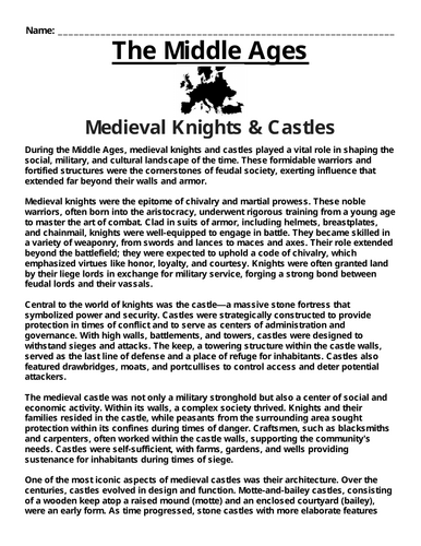 Knights and Castles “Article & Questions” Assignment (The Middle Ages)