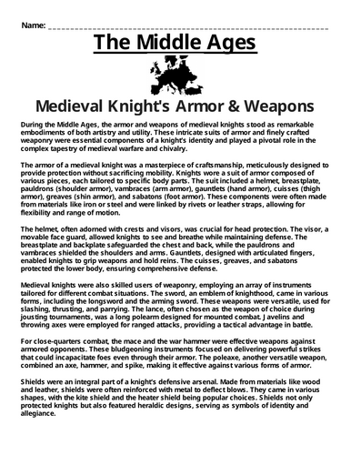 Knight's Armor and Weapons “Article & Questions” Assignment (The Middle Ages)