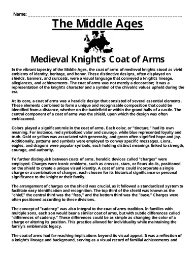 Knight's Coat of Arms “Article & Questions” Assignment (The Middle Ages)