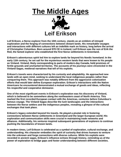Leif Erikson “Article & Questions” Assignment (The Middle Ages)