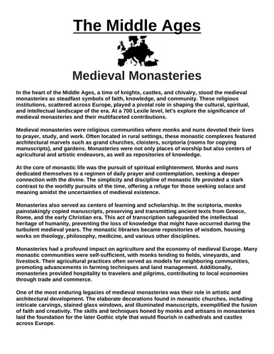 Medieval Monasteries “Article & Questions” Assignment (The Middle Ages)
