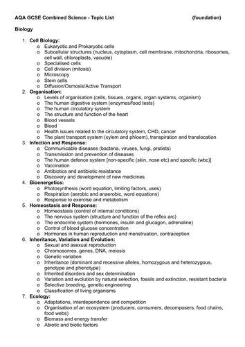 AQA GCSE Combined Science - Topic List (foundation)
