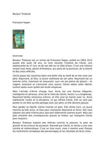 Bonjour Tristesse by Françoise Sagan - Overview | Teaching Resources