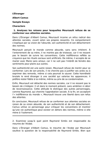 Sample Essays on Characters in L’Étranger by Albert Camus