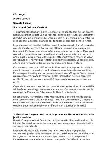 L’Étranger by Albert Camus – Sample Essays on Social and Cultural Context