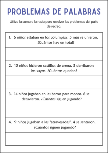 Addition and Subtraction Word Problems Within 20 Worksheets in Spanish