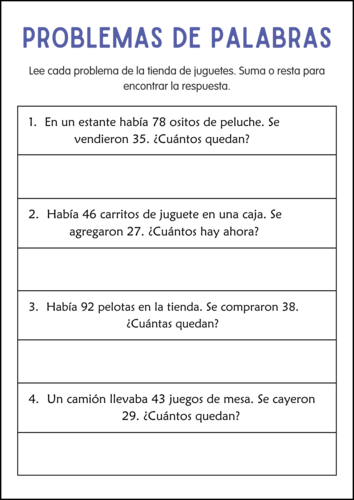 Addition and Subtraction Word Problems Within 100 Worksheets in Spanish