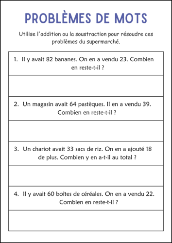 Addition and Subtraction Word Problems Within 100 Worksheets in French