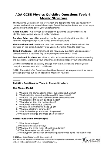 AQA GCSE Physics Quickfire Questions Topic 4: Atomic Structure