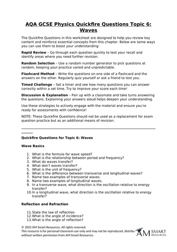 AQA GCSE Physics Quickfire Questions Topic 6: Waves