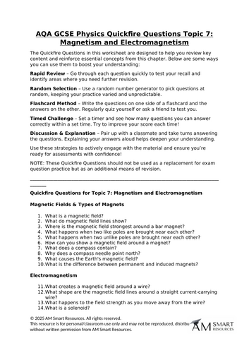 AQA GCSE Physics Quickfire Questions Topic 7: Magnetism and Electromagnetism