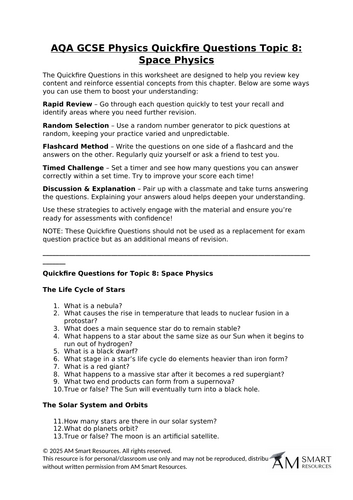 AQA GCSE Physics Quickfire Questions Topic 8: Space Physics