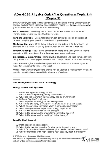 AQA GCSE Physics Quickfire Questions Topic 1-4 (Paper 1)