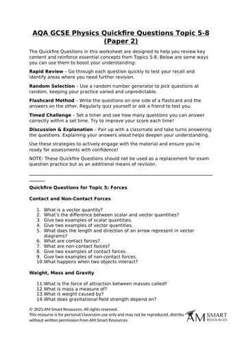 AQA GCSE Physics Quickfire Questions Topic 5-8 (Paper 2)