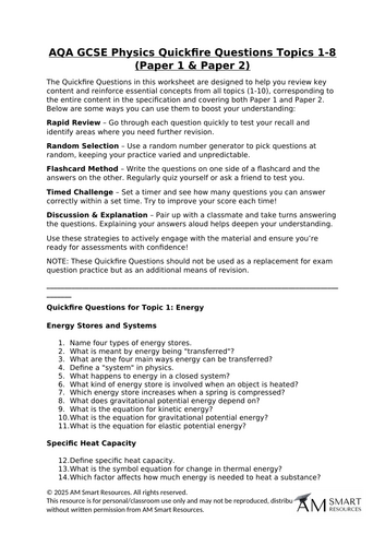 AQA GCSE Physics Quickfire Questions Topics 1-8 (Paper 1 & Paper 2)