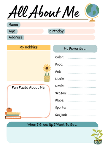 All About Me Worksheet