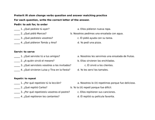 Preterit IR stem change verbs question and answer matching practice