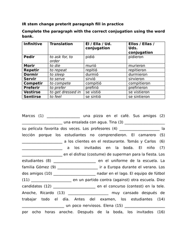 IR stem change preterit paragraph fill in practice