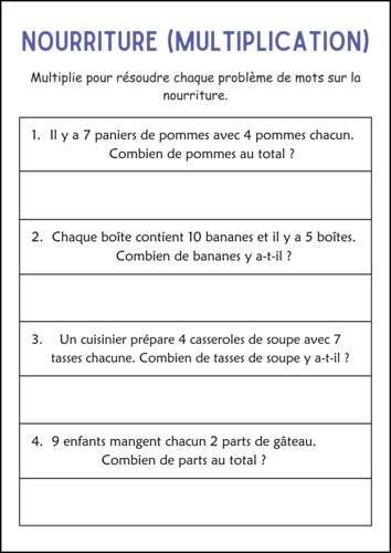Division and Multiplication Word Problems Math Worksheets in French for Grade 2