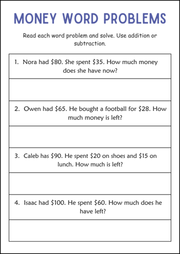 Addition and Subtraction Money Word Problems Math Worksheets for Grade 2, 3