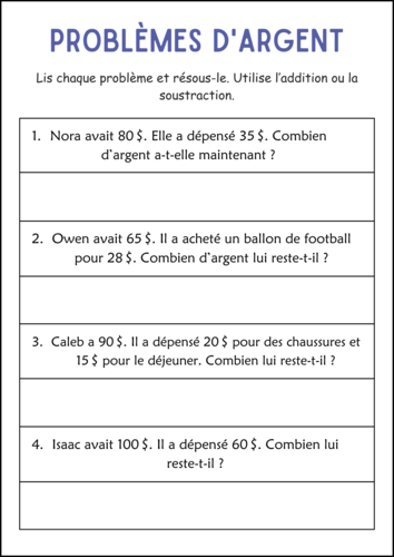 Addition and Subtraction Money Word Problems Math Worksheets in French