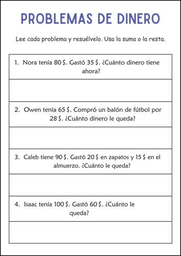 Addition and Subtraction Money Word Problems Math Worksheets in Spanish