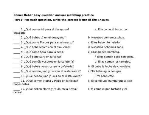 Comer Beber easy question answer matching practice