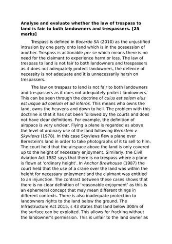 A-Level Law: 2023 Trespass Evaluation Model Plan + Answer - Eduqas Tort Law