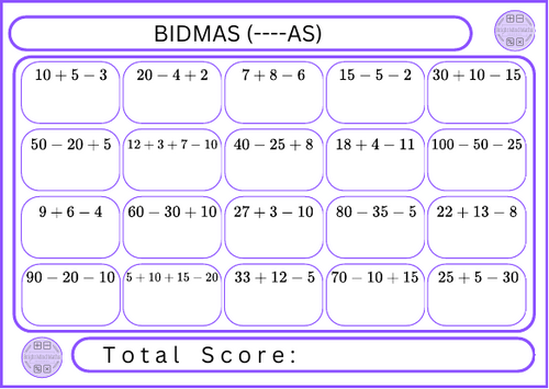 BIDMAS (----AS) - 20 Questions