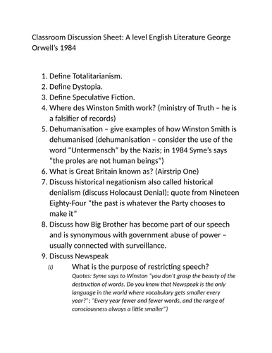 Revision Notes "Nineteen Eighty Four" A LEVEL ENGLISH LITERATURE