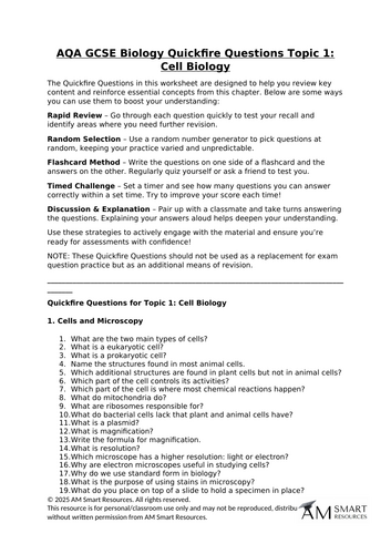 AQA GCSE Biology Quickfire Questions Topic 1: Cell Biology