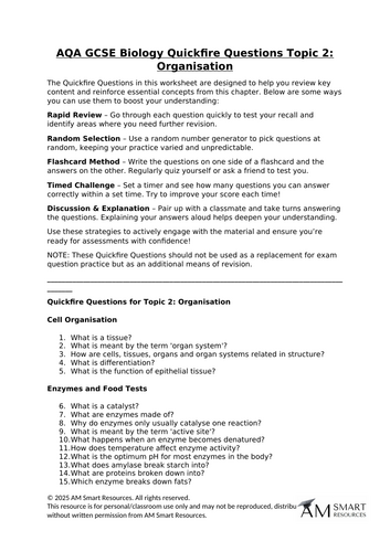 AQA GCSE Biology Quickfire Questions Topic 2: Organisation