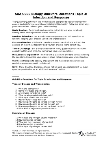 AQA GCSE Biology Quickfire Questions Topic 3: Infection and Response