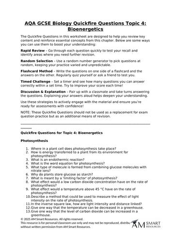 AQA GCSE Biology Quickfire Questions Topic 4: Bioenergetics