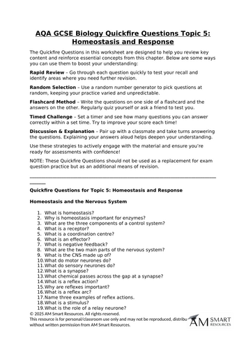 AQA GCSE Biology Quickfire Questions Topic 5: Homeostasis and Response