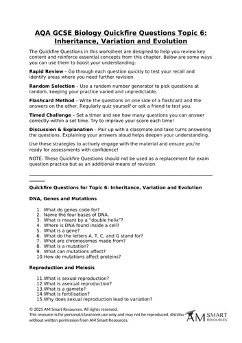 AQA GCSE Biology Quickfire Questions Topic 6: Inheritance, Variation and Evolution