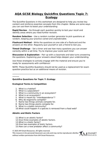 AQA GCSE Biology Quickfire Questions Topic 7: Ecology
