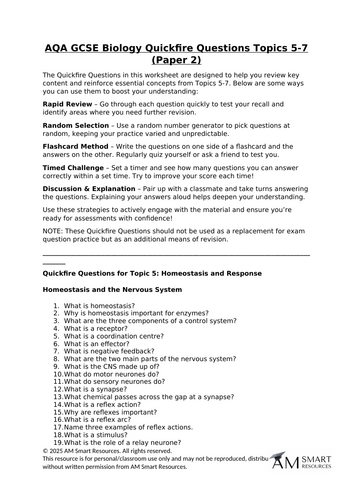 AQA GCSE Biology Quickfire Questions Topics 5-7 (Paper 2)