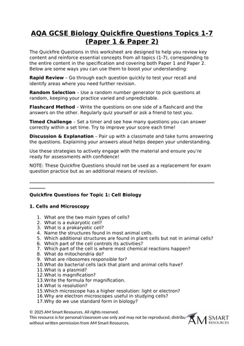 AQA GCSE Biology Quickfire Questions Topics 1-7 (Paper 1 & Paper 2)