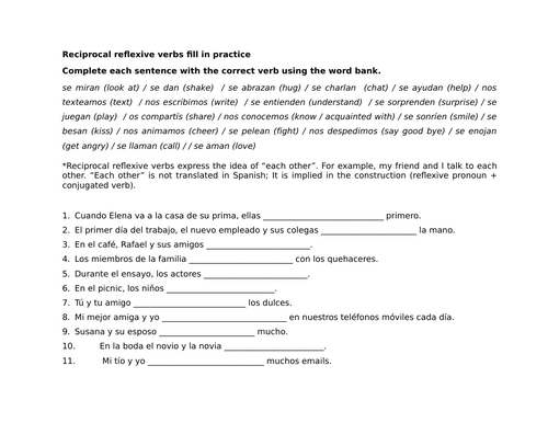 Reciprocal reflexive verbs fill in practice