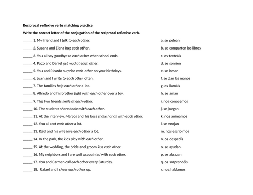 Reciprocal reflexive verbs matching practice
