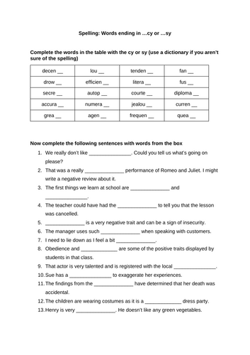 KS3 English spelling: cy or sy endings
