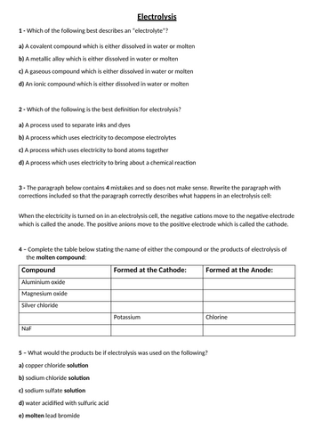 Electrolysis Worksheet - With answers