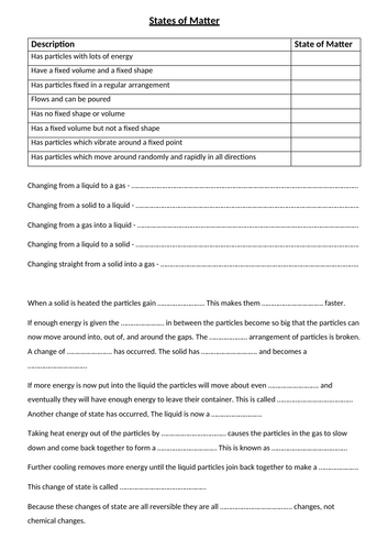 States of Matter Worksheet - With answers