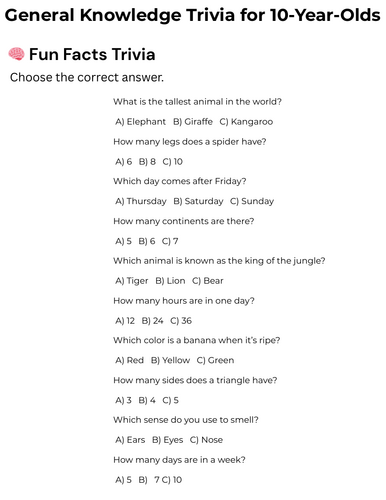 10 year old trivia questions - ten year old trivia  worksheets