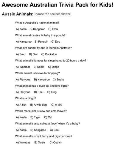 australian trivia questions for kids - fun trivia questions about australia